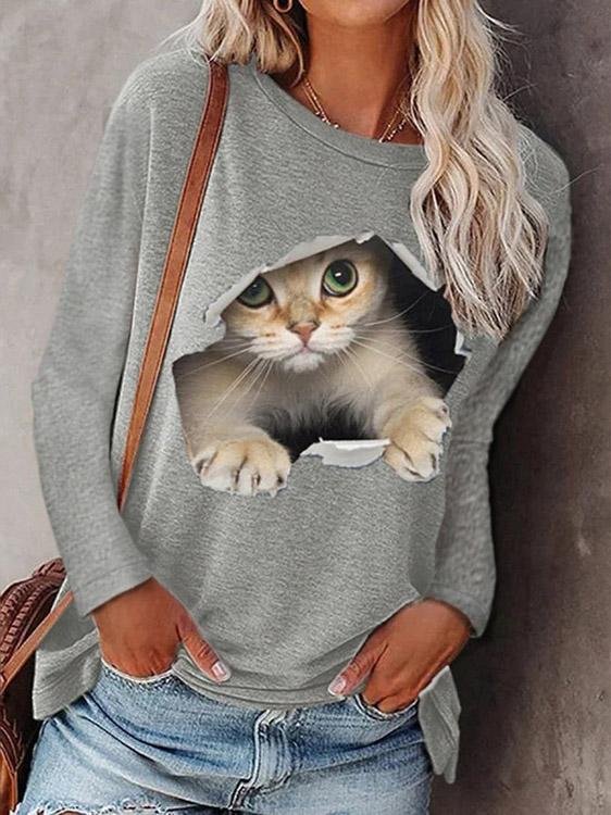 Round Neck Pullover Cat Long Sleeve T-Shirt - T-Shirts - INS | Online Fashion Free Shipping Clothing, Dresses, Tops, Shoes - 10-20 - 27/07/2021 - Category_T-Shirts