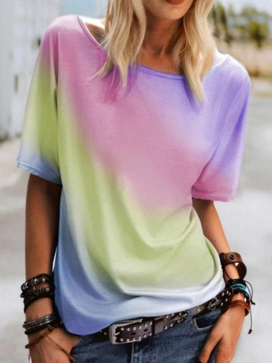 Round Neck Rainbow Print Loose Casual T-shirt - T-Shirts - INS | Online Fashion Free Shipping Clothing, Dresses, Tops, Shoes - 24/05/2021 - Category_T-Shirts - Color_Blue