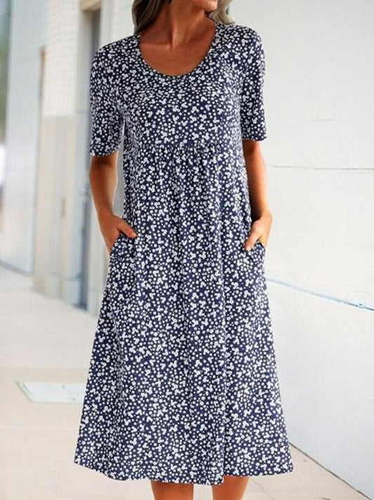 Round Neck Short Sleeve Floral Print Dress - Midi Dresses - INS | Online Fashion Free Shipping Clothing, Dresses, Tops, Shoes - 20-30 - 27/07/2021 - Category_Midi Dresses