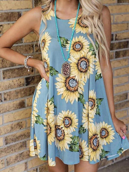Round Neck Sleeveless Vest Sunflower Print Pocket Dress - Mini Dresses - INS | Online Fashion Free Shipping Clothing, Dresses, Tops, Shoes - 10-20 - 29/06/2021 - Category_Mini Dresses