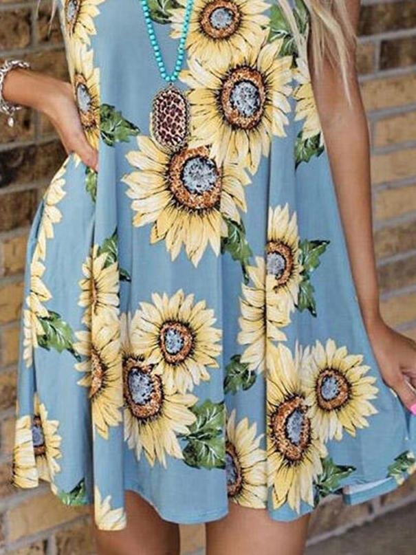 Round Neck Sleeveless Vest Sunflower Print Pocket Dress - Mini Dresses - INS | Online Fashion Free Shipping Clothing, Dresses, Tops, Shoes - 10-20 - 29/06/2021 - Category_Mini Dresses