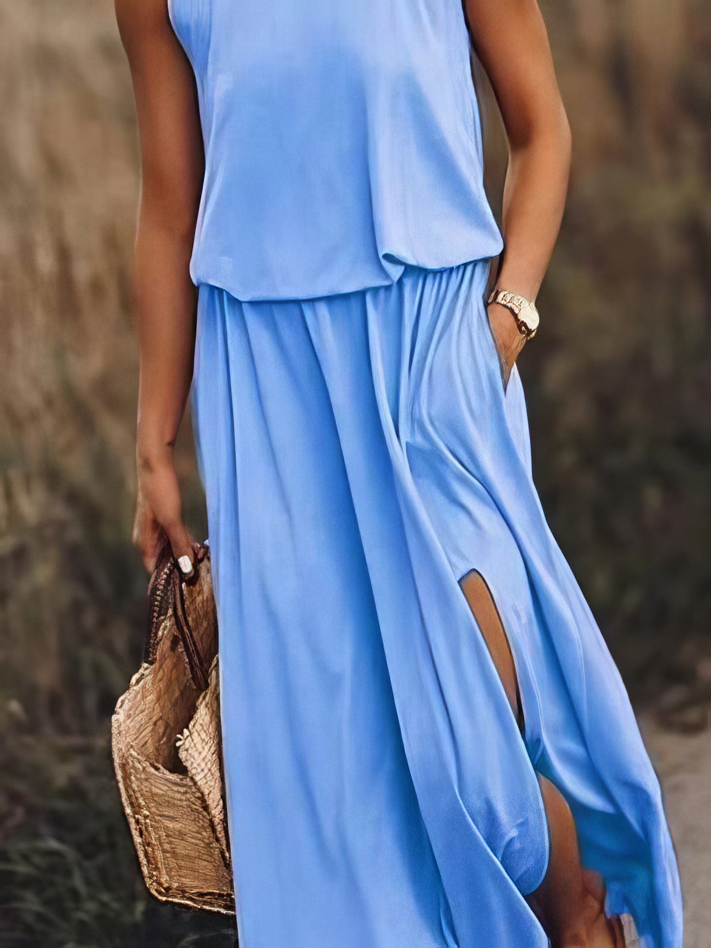 Maxi Dresses - Round Neck Solid Color Sleeveless Split Dress - MsDressly