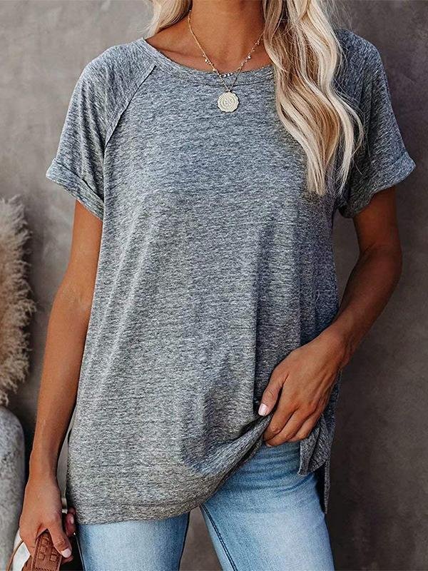 Round Neck Solid Loose Short Sleeve T-shirt - MsDressly