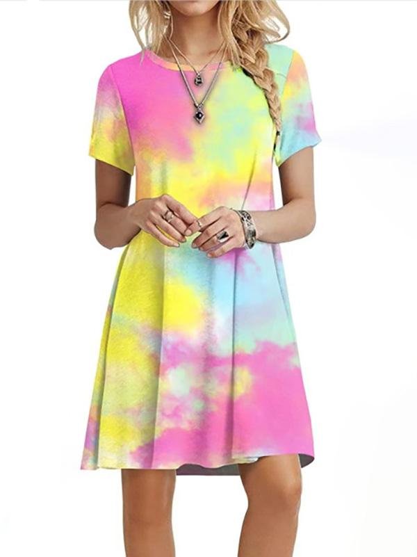 Round Neck Tie-dye Gradient Print Short-sleeved Loose Dress - Mini Dresses - INS | Online Fashion Free Shipping Clothing, Dresses, Tops, Shoes - 05/17/2021 - Category_Mini Dresses - Color_Blue And White