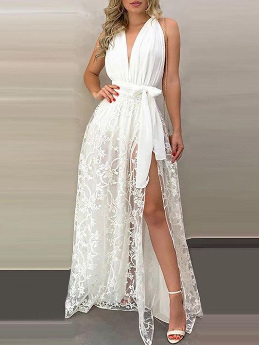 Ruched Backless Lace High Slit Maxi Dress - Maxi Dresses - INS | Online Fashion Free Shipping Clothing, Dresses, Tops, Shoes - 29/04/2021 - Color_White - Maxi Dresses