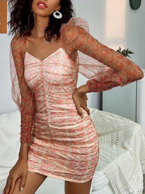 Ruched Floral Mesh Dress - Dresses - INS | Online Fashion Free Shipping Clothing, Dresses, Tops, Shoes - 02//03/2021 - Bodycon Dresses - Date Night