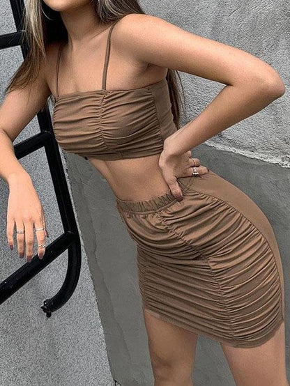 Ruched Tight Two-piece Cami Top & Bodycon Skirt Set - Two-piece Outfits - INS | Online Fashion Free Shipping Clothing, Dresses, Tops, Shoes - 23/04/2021 - Color_Brown - Color_Mocha Brown