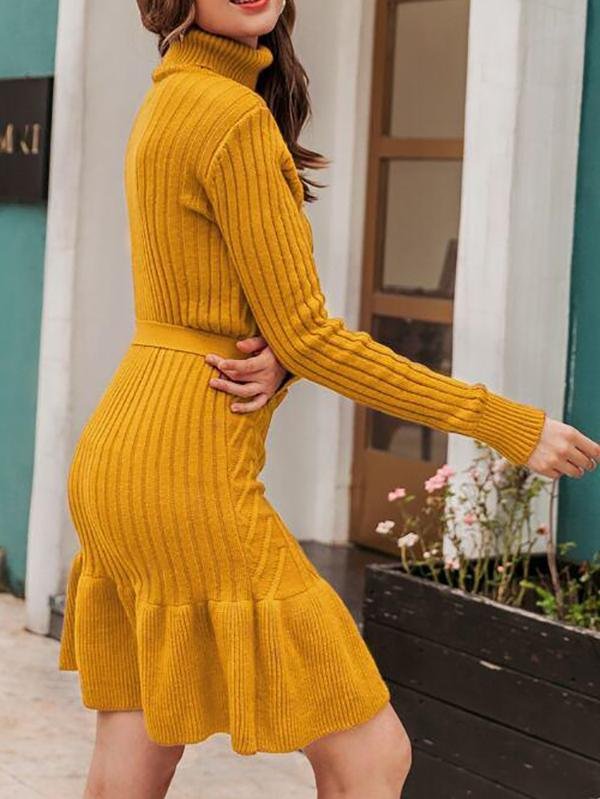 Ruffle Hem Belted Sweater Dress - Dresses - INS | Online Fashion Free Shipping Clothing, Dresses, Tops, Shoes - 02/02/2021 - Autumn - Brown