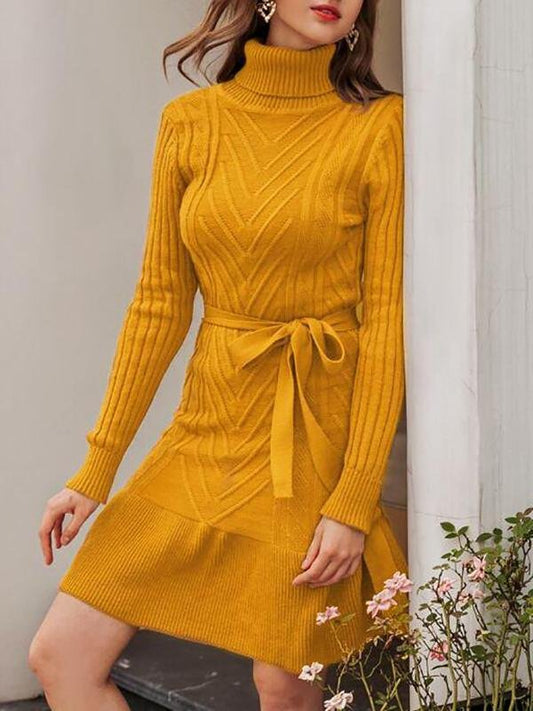 Ruffle Hem Belted Sweater Dress - Dresses - INS | Online Fashion Free Shipping Clothing, Dresses, Tops, Shoes - 02/02/2021 - Autumn - Brown