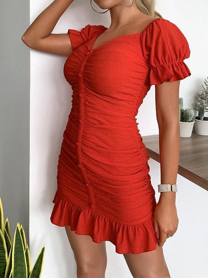 Ruffle Hem Button Front Ruched Bardot Dress - Dresses - INS | Online Fashion Free Shipping Clothing, Dresses, Tops, Shoes - #idol - 01/30/2021 - Black