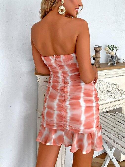 Ruffle Hem Drawstring Knot Ruched Tie Dye Dress - Mini Dresses - INS | Online Fashion Free Shipping Clothing, Dresses, Tops, Shoes - 02/02/2021 - Bodycon Dresses - Color_Orange