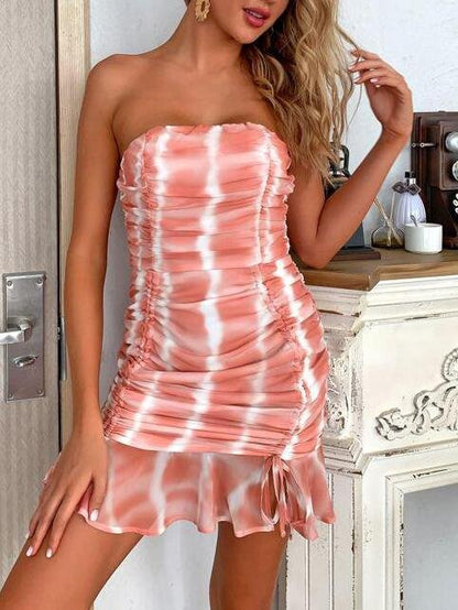 Ruffle Hem Drawstring Knot Ruched Tie Dye Dress - Mini Dresses - INS | Online Fashion Free Shipping Clothing, Dresses, Tops, Shoes - 02/02/2021 - Bodycon Dresses - Color_Orange