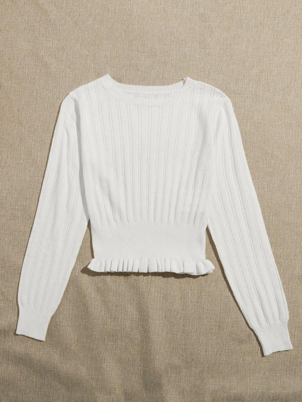 Ruffle Hem Pointelle Knit Sweater - INS | Online Fashion Free Shipping Clothing, Dresses, Tops, Shoes