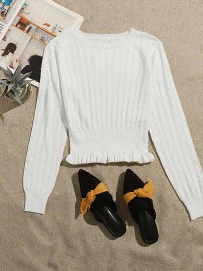 Ruffle Hem Pointelle Knit Sweater - INS | Online Fashion Free Shipping Clothing, Dresses, Tops, Shoes