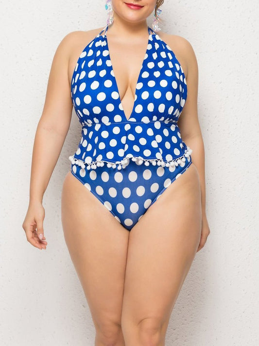 Ruffle Hem Polka Dot Wireless One-piece Swimsuit - Plus Swimsuits - INS | Online Fashion Free Shipping Clothing, Dresses, Tops, Shoes - 22/04/2021 - 2204V3 - Color_Blue