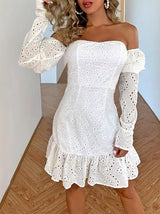 Ruffle Hem Schiffy Bardot Dress - Dresses - INS | Online Fashion Free Shipping Clothing, Dresses, Tops, Shoes - 02/04/2021 - Color_White - Date Night