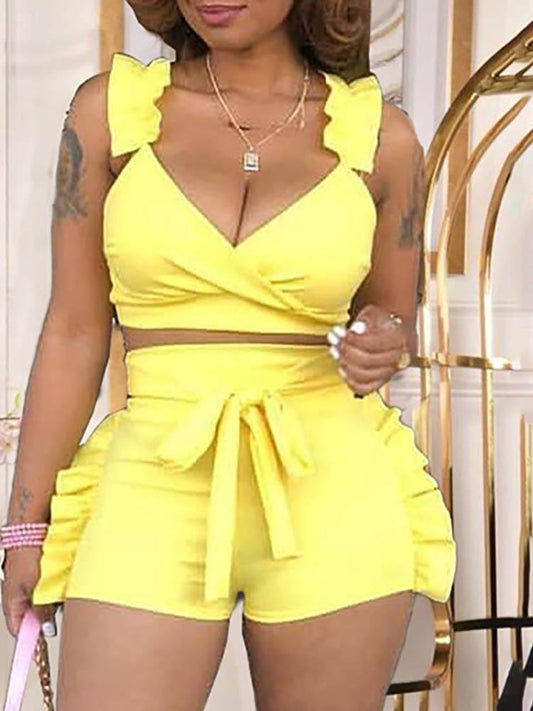Ruffle Hem Sleeveless Top & High Waisted Shorts Set - Two-piece Outfits - INS | Online Fashion Free Shipping Clothing, Dresses, Tops, Shoes - 04/05/2021 - Color_Yellow - SET210504054