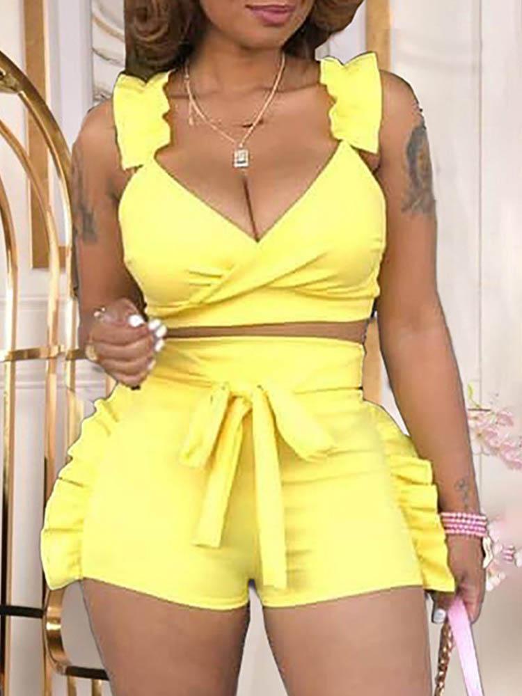 Ruffle Hem Sleeveless Top & High Waisted Shorts Set - Two-piece Outfits - INS | Online Fashion Free Shipping Clothing, Dresses, Tops, Shoes - 04/05/2021 - Color_Yellow - SET210504054