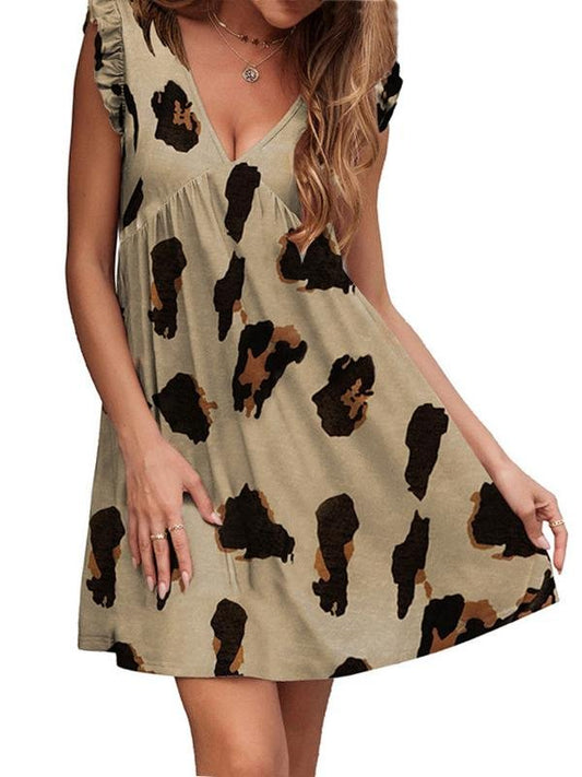 Ruffle Sleeve Leopard Print Mini Dress - Mini Dresses - INS | Online Fashion Free Shipping Clothing, Dresses, Tops, Shoes - 13/04/2021 - Color_Khaki - Color_White