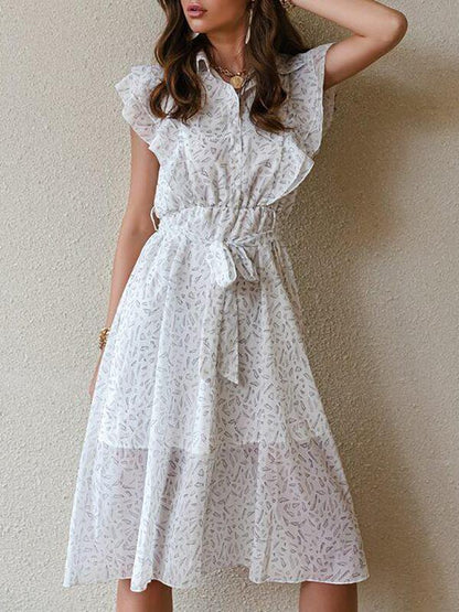 Ruffle Trim Button Front Belted Allover Print Dress - Dresses - INS | Online Fashion Free Shipping Clothing, Dresses, Tops, Shoes - 01/28/2021 - Color_White - Dresses