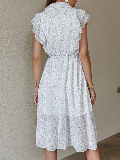 Ruffle Trim Button Front Belted Allover Print Dress - Dresses - INS | Online Fashion Free Shipping Clothing, Dresses, Tops, Shoes - 01/28/2021 - Color_White - Dresses