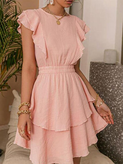 Ruffle Trim Ruched Waist Layered Hem Dress Without Belt - Dresses - INS | Online Fashion Free Shipping Clothing, Dresses, Tops, Shoes - 01/30/2021 - Casual Dresses - Color_Pink