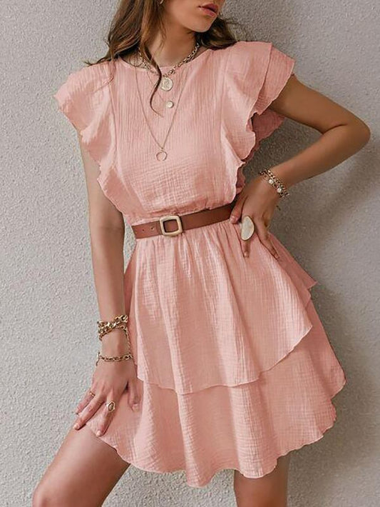 Ruffle Trim Ruched Waist Layered Hem Dress Without Belt - Dresses - INS | Online Fashion Free Shipping Clothing, Dresses, Tops, Shoes - 01/30/2021 - Casual Dresses - Color_Pink
