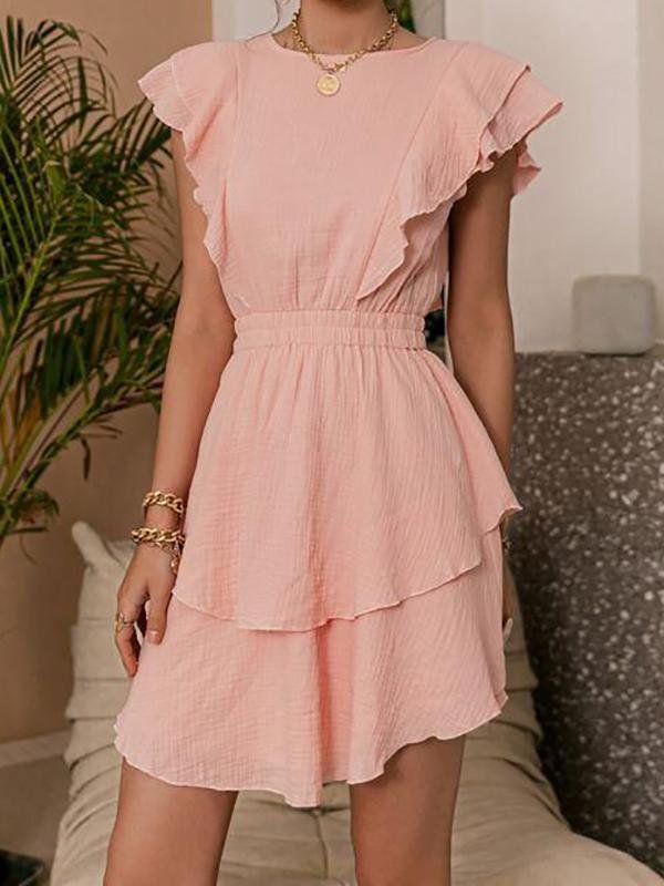 Ruffle Trim Ruched Waist Layered Hem Dress Without Belt - Dresses - INS | Online Fashion Free Shipping Clothing, Dresses, Tops, Shoes - 01/30/2021 - Casual Dresses - Color_Pink