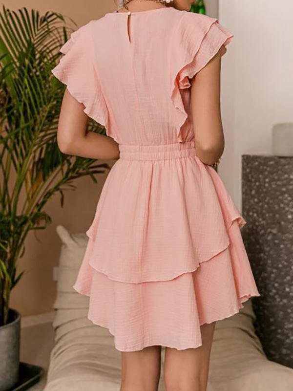 Ruffle Trim Ruched Waist Layered Hem Dress Without Belt - Dresses - INS | Online Fashion Free Shipping Clothing, Dresses, Tops, Shoes - 01/30/2021 - Casual Dresses - Color_Pink