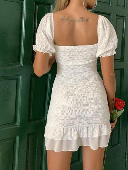 Ruffle Trim Shirred Schiffy Dress - Dresses - INS | Online Fashion Free Shipping Clothing, Dresses, Tops, Shoes - 01/29/2021 - Bodycon Dresses - Color_White