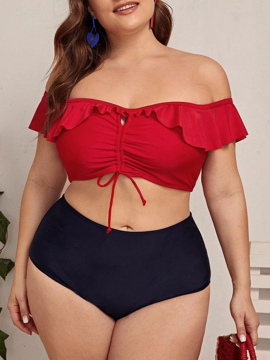 Ruffled Off-shoulder Tie Two-piece Bikini Swimsuit - Plus Swimsuits - INS | Online Fashion Free Shipping Clothing, Dresses, Tops, Shoes - 22/04/2021 - Color_Red - Plus Swimsuits