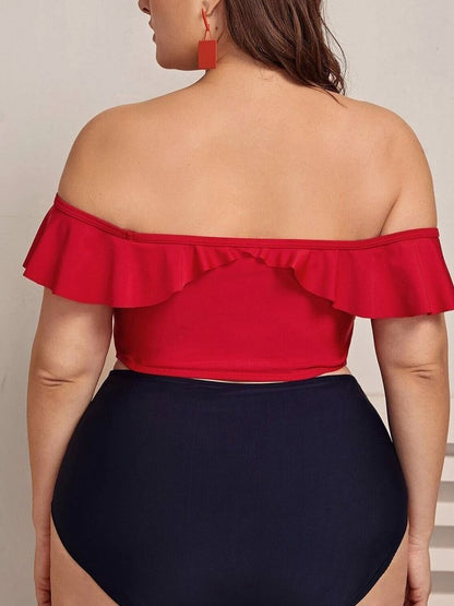 Ruffled Off-shoulder Tie Two-piece Bikini Swimsuit - Plus Swimsuits - INS | Online Fashion Free Shipping Clothing, Dresses, Tops, Shoes - 22/04/2021 - Color_Red - Plus Swimsuits