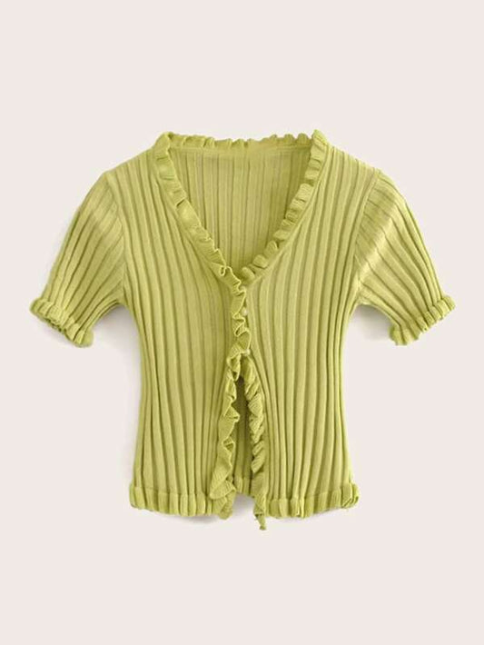 Ruffled Ribbed Cropped Cardigan - INS | Online Fashion Free Shipping Clothing, Dresses, Tops, Shoes