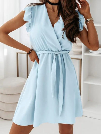 Ruffled Simple V-Neck Solid Short Sleeve Dress - Mini Dresses - INS | Online Fashion Free Shipping Clothing, Dresses, Tops, Shoes - 07/07/2021 - 20-30 - Category_Mini Dresses