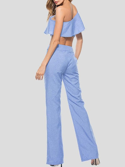 Ruffled Slanted Shoulder Top Slim Pants Two-piece Suit - Sets - INS | Online Fashion Free Shipping Clothing, Dresses, Tops, Shoes - 02/07/2021 - 20-30 - Bottoms