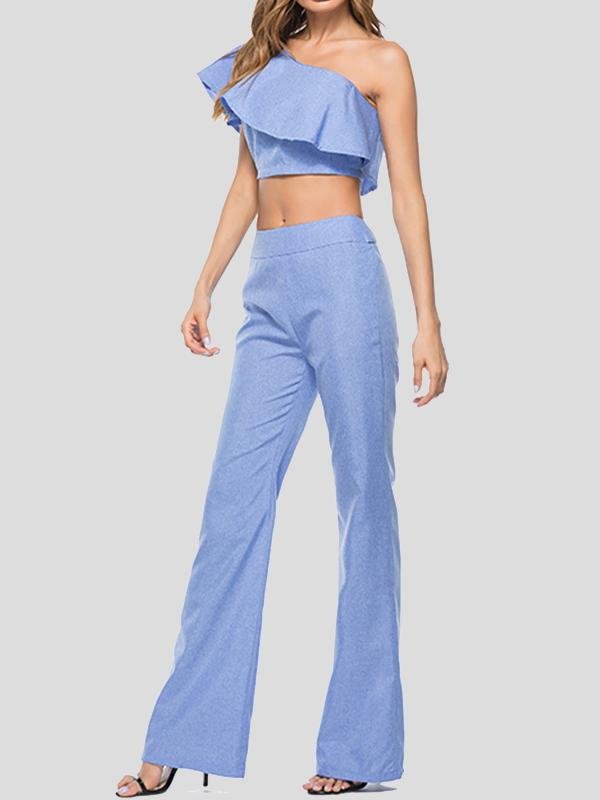 Ruffled Slanted Shoulder Top Slim Pants Two-piece Suit - Sets - INS | Online Fashion Free Shipping Clothing, Dresses, Tops, Shoes - 02/07/2021 - 20-30 - Bottoms