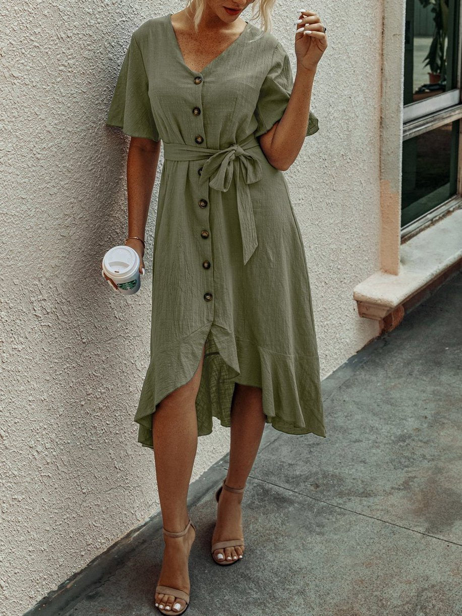 Ruffled V Neck Short Sleeve Button Belted Dress - Midi Dresses - INS | Online Fashion Free Shipping Clothing, Dresses, Tops, Shoes - 2XL，Short Sleeve - 31/03/2021 - Blue，S