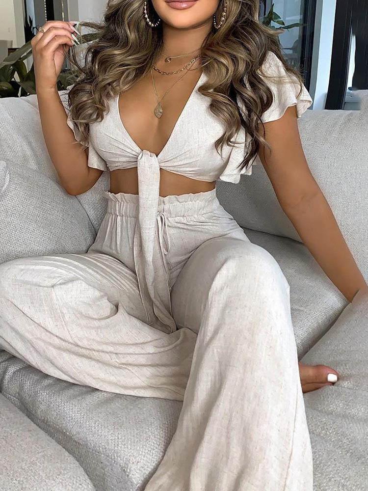 Ruffles Sleeve Knotted Top & High Waist Pants Set - Two-piece Outfits - INS | Online Fashion Free Shipping Clothing, Dresses, Tops, Shoes - 04/05/2021 - Color_Beige - SET210504046