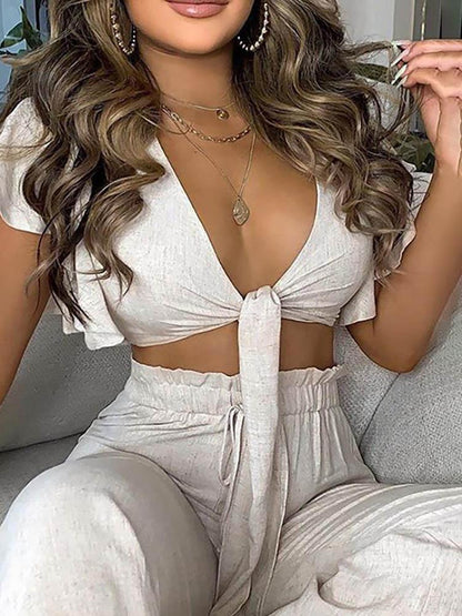 Ruffles Sleeve Knotted Top & High Waist Pants Set - Two-piece Outfits - INS | Online Fashion Free Shipping Clothing, Dresses, Tops, Shoes - 04/05/2021 - Color_Beige - SET210504046