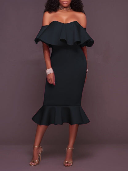 Ruffles Trim One-shoulder Bodycon Dress - Midi Dresses - INS | Online Fashion Free Shipping Clothing, Dresses, Tops, Shoes - 12/07/2021 - 20-30 - color-black