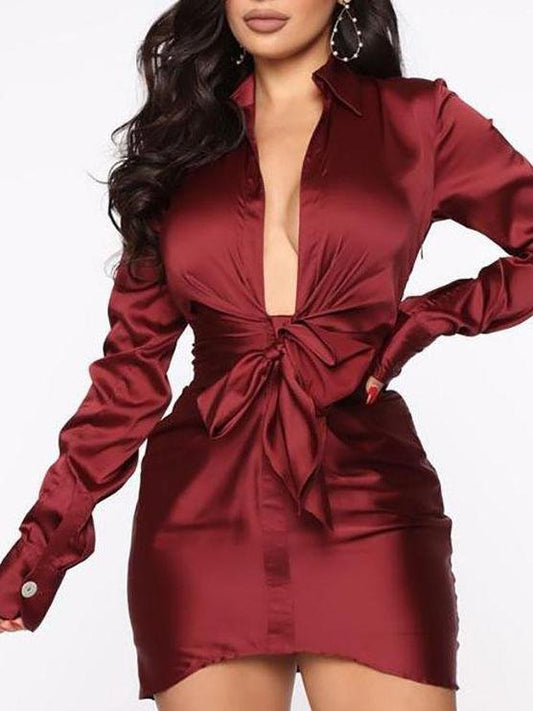 Satin Bow Tie Deep V Mini Dress - Mini Dresses - INS | Online Fashion Free Shipping Clothing, Dresses, Tops, Shoes - 09/04/2021 - Color_Red - Colour_White