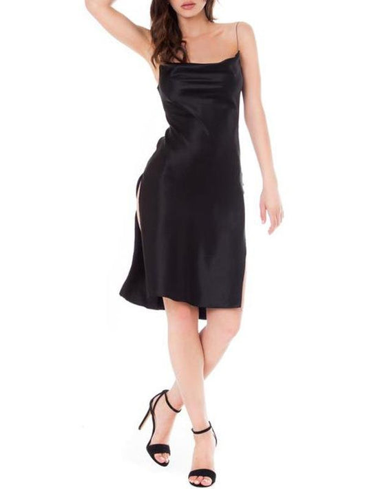 Satin Halter Strap High Split Slim Midi Dress - Midi Dresses - INS | Online Fashion Free Shipping Clothing, Dresses, Tops, Shoes - 21/04/2021 - Catagory_Midi Dresses - Color_Black