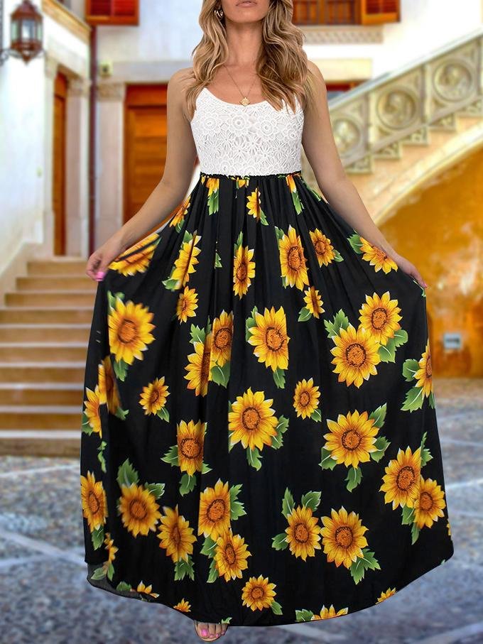 Scoop Neck Sunflower Print Maxi Dress - Maxi Dresses - INS | Online Fashion Free Shipping Clothing, Dresses, Tops, Shoes - 20-30 - 21/06/2021 - color-black