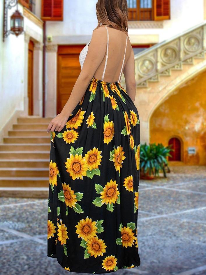 Scoop Neck Sunflower Print Maxi Dress - Maxi Dresses - INS | Online Fashion Free Shipping Clothing, Dresses, Tops, Shoes - 20-30 - 21/06/2021 - color-black