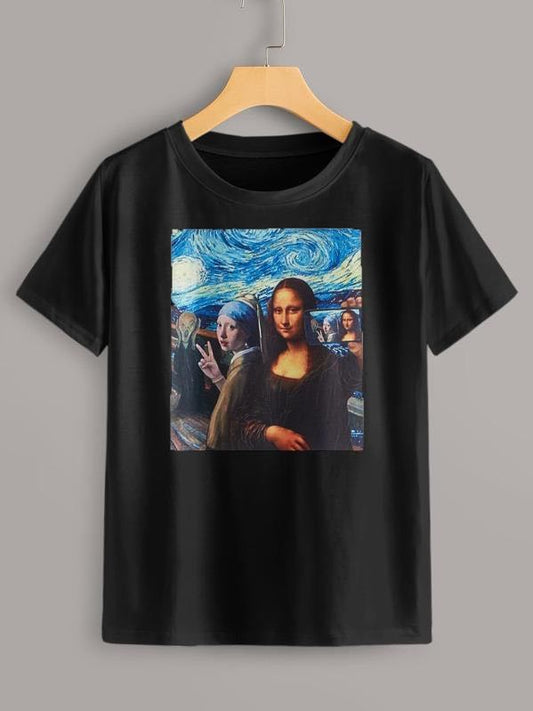 Selfie Mona Lisa Graphic Short Sleeve Tee - INS | Online Fashion Free Shipping Clothing, Dresses, Tops, Shoes