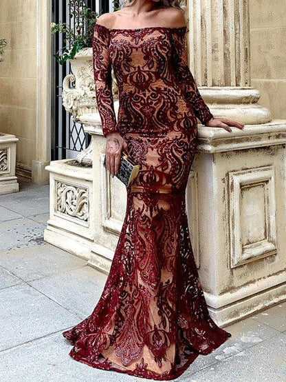 Sequin Mesh Overlay Bardot Prom Dress - Dresses - INS | Online Fashion Free Shipping Clothing, Dresses, Tops, Shoes - 01/30/2021 - Autumn - Burgundy