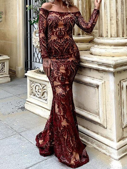 Sequin Mesh Overlay Bardot Prom Dress - Dresses - INS | Online Fashion Free Shipping Clothing, Dresses, Tops, Shoes - 01/30/2021 - Autumn - Burgundy