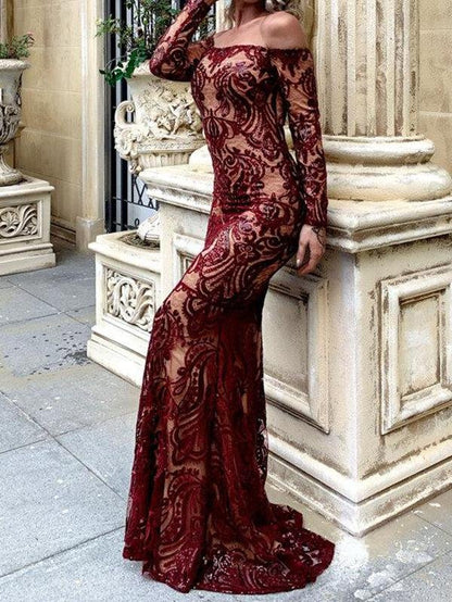 Sequin Mesh Overlay Bardot Prom Dress - Dresses - INS | Online Fashion Free Shipping Clothing, Dresses, Tops, Shoes - 01/30/2021 - Autumn - Burgundy