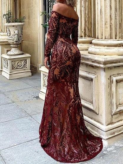 Sequin Mesh Overlay Bardot Prom Dress - Dresses - INS | Online Fashion Free Shipping Clothing, Dresses, Tops, Shoes - 01/30/2021 - Autumn - Burgundy