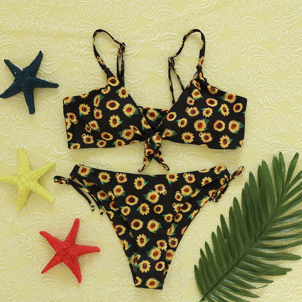 Sexy Sunflower Print Lace Up Split Bikini Set - Bikinis - INS | Online Fashion Free Shipping Clothing, Dresses, Tops, Shoes - 18/03/2021 - Beach - Bikini